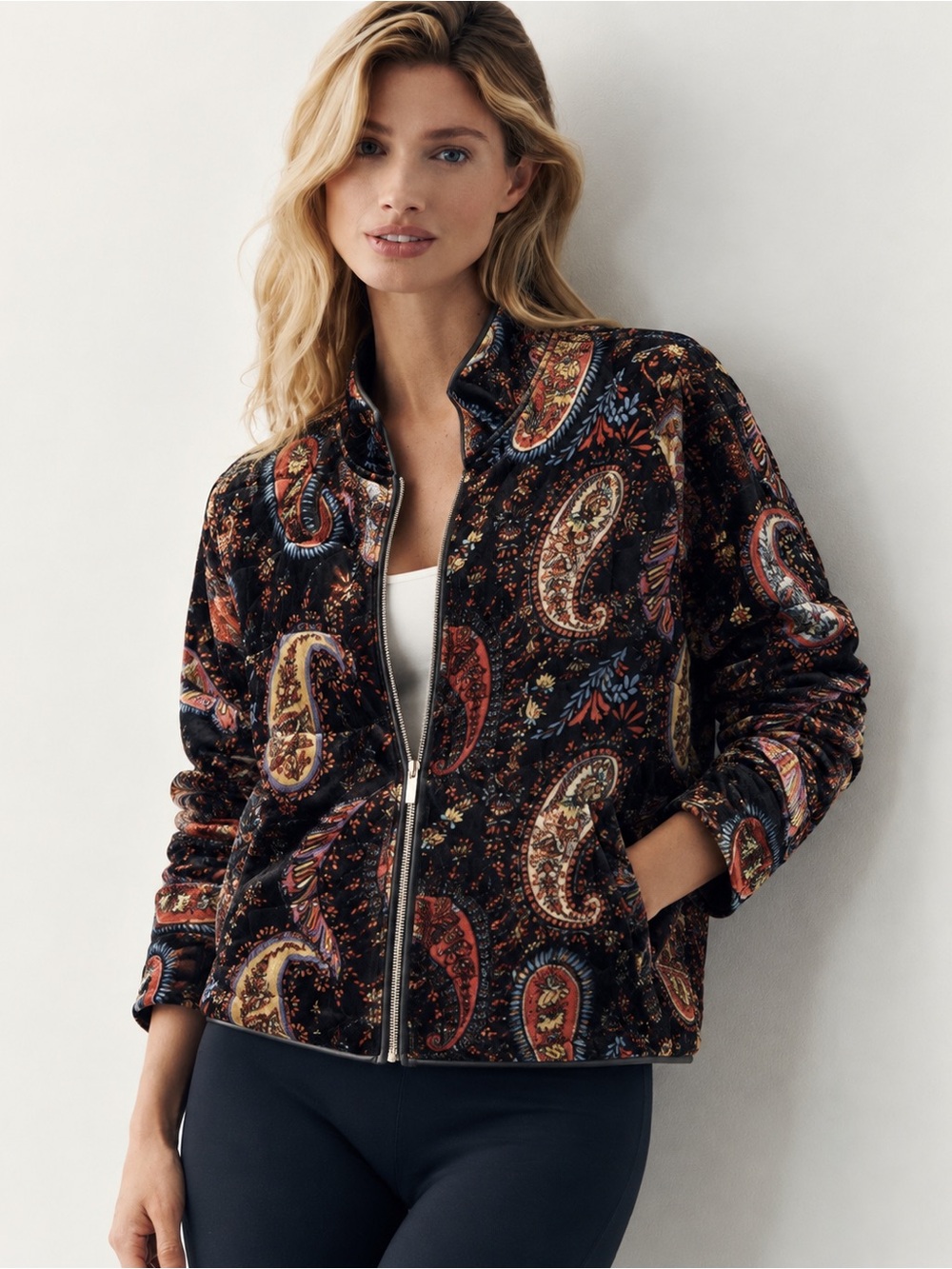 NWT JOHNNY WAS Quilted Velvet Printed Stand Collar Dolman Sleeve Pocketed Jacket